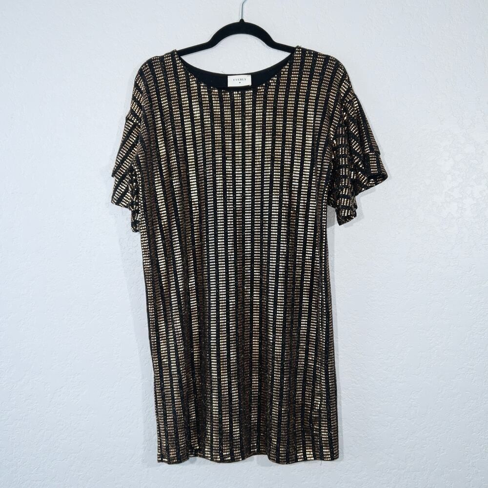 Everly Black & Gold‎ Sequin Shift Mini Dress Size Small